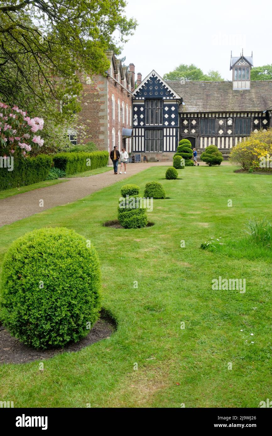 Rufford Hall et route bordée de topiaires Banque D'Images