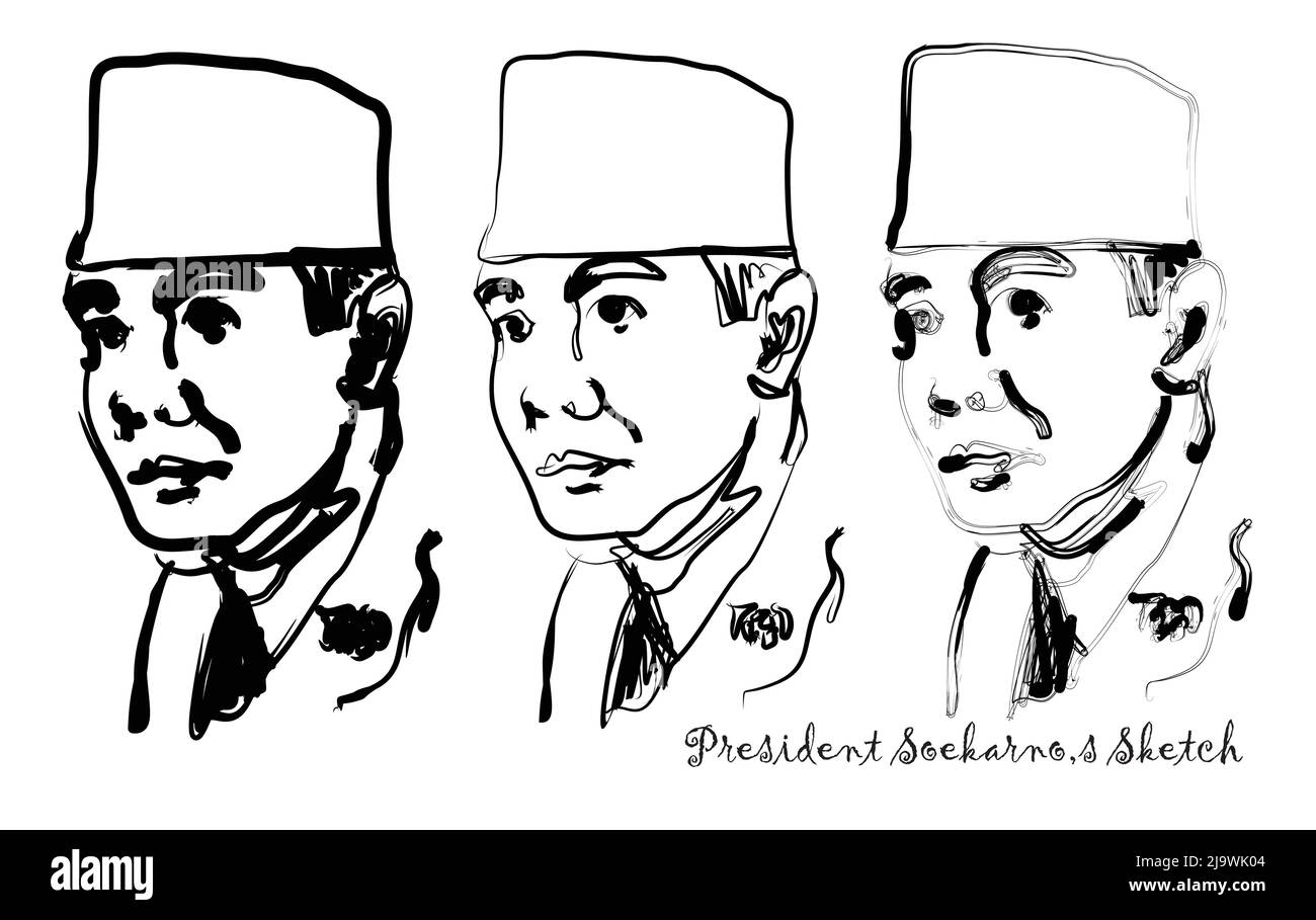 Croquis noir et blanc à main levée du premier président de la république d'Indonésie. Docteur Honoris causa Ingénieur Soekarno. Illustration vectorielle Illustration de Vecteur