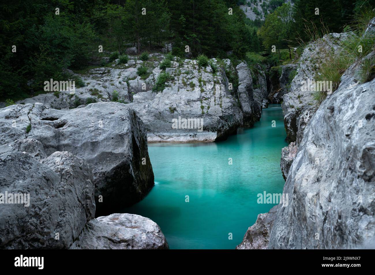 Belle rivière turquoise calme de soca dans la grande gorge. Banque D'Images