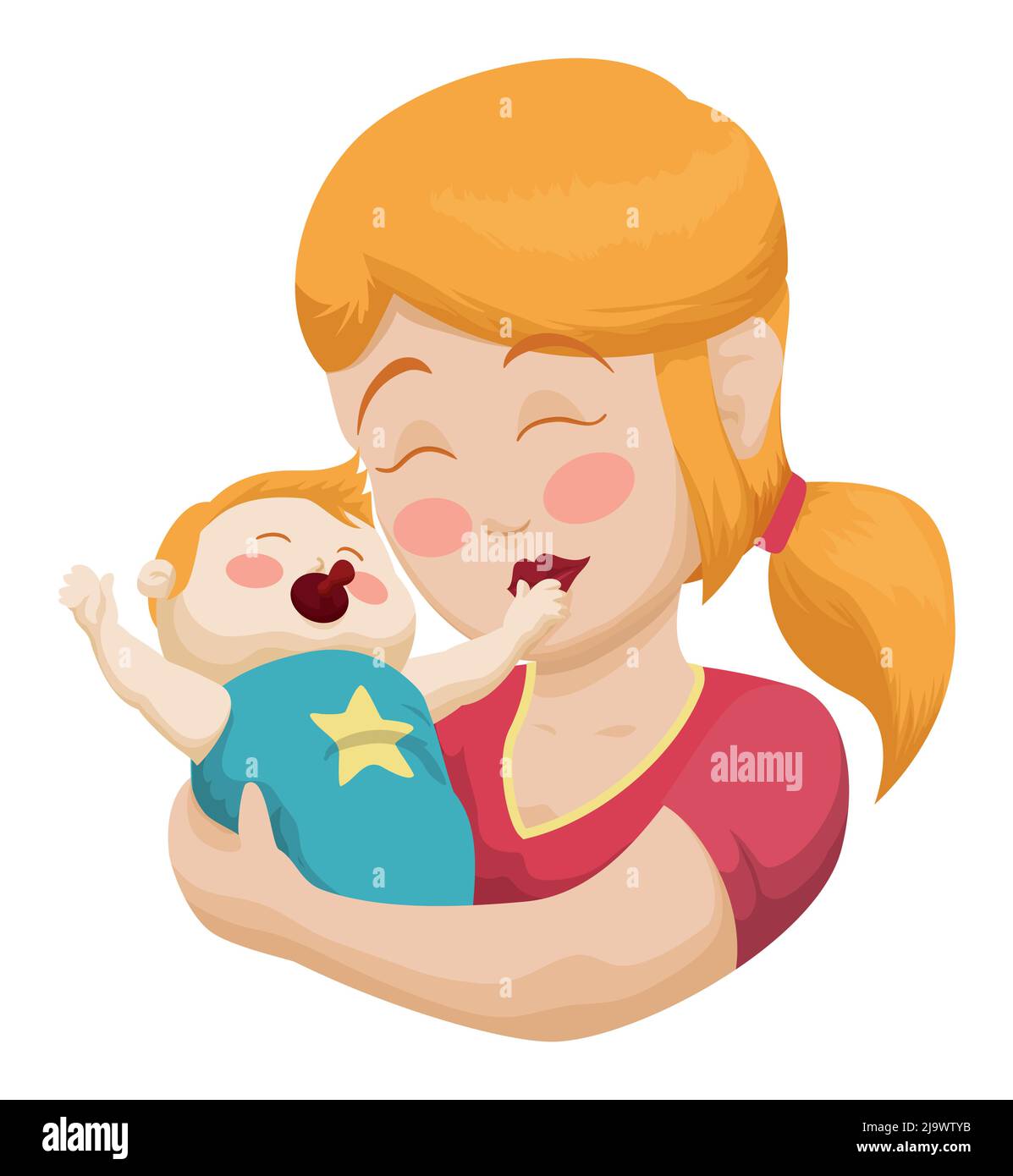 Maman blonde tendre avec geste brossé, portant son bébé dans les bras. Motif portrait de style dessin animé sur fond blanc. Illustration de Vecteur