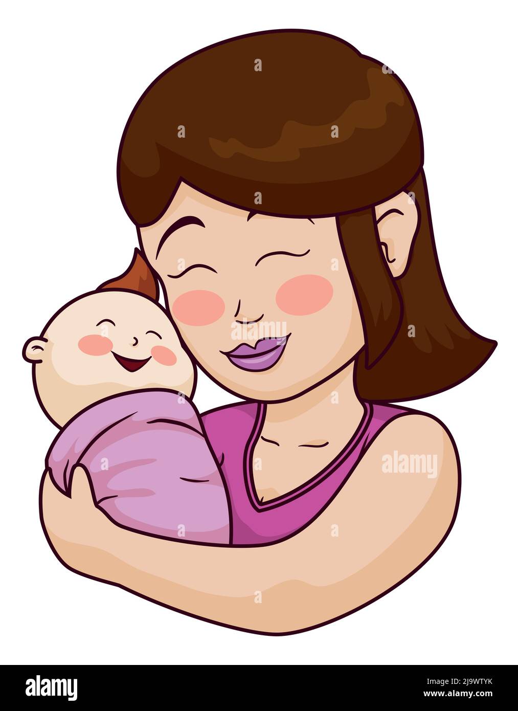 Maman mignonne et heureuse, portant son nouveau-né avec un geste rincé, des cheveux bruns et des vêtements roses. Conception isolée dans un style de dessin animé. Illustration de Vecteur