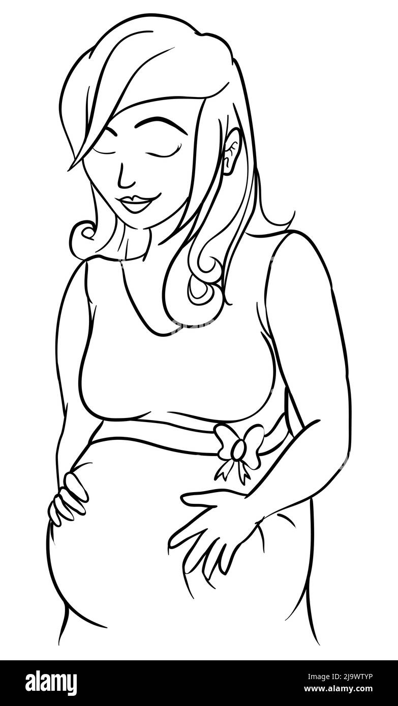 Belle conception de femme enceinte, touchant son ventre et en attendant son nouveau bébé. Dessin en contour pour les activités de coloriage. Illustration de Vecteur