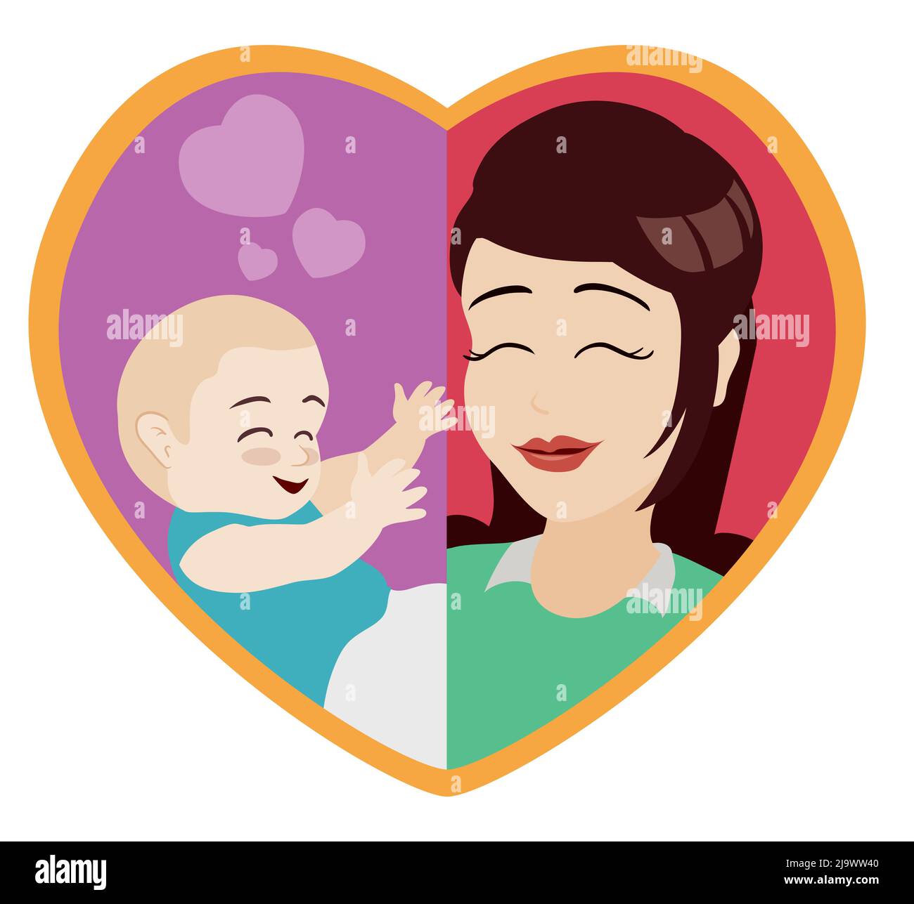 Photo tendre à l'intérieur d'un cadre en forme de coeur de belle maman et de son bébé. Conception plate sur fond blanc. Illustration de Vecteur
