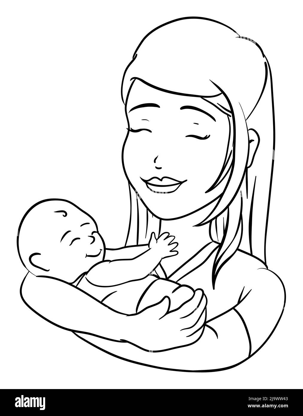 Joli dessin dans des contours représentant une scène charmante: Jeune mère souriante portant son babe nouveau-né dans les bras. Illustration de la coloration sur fond blanc Illustration de Vecteur