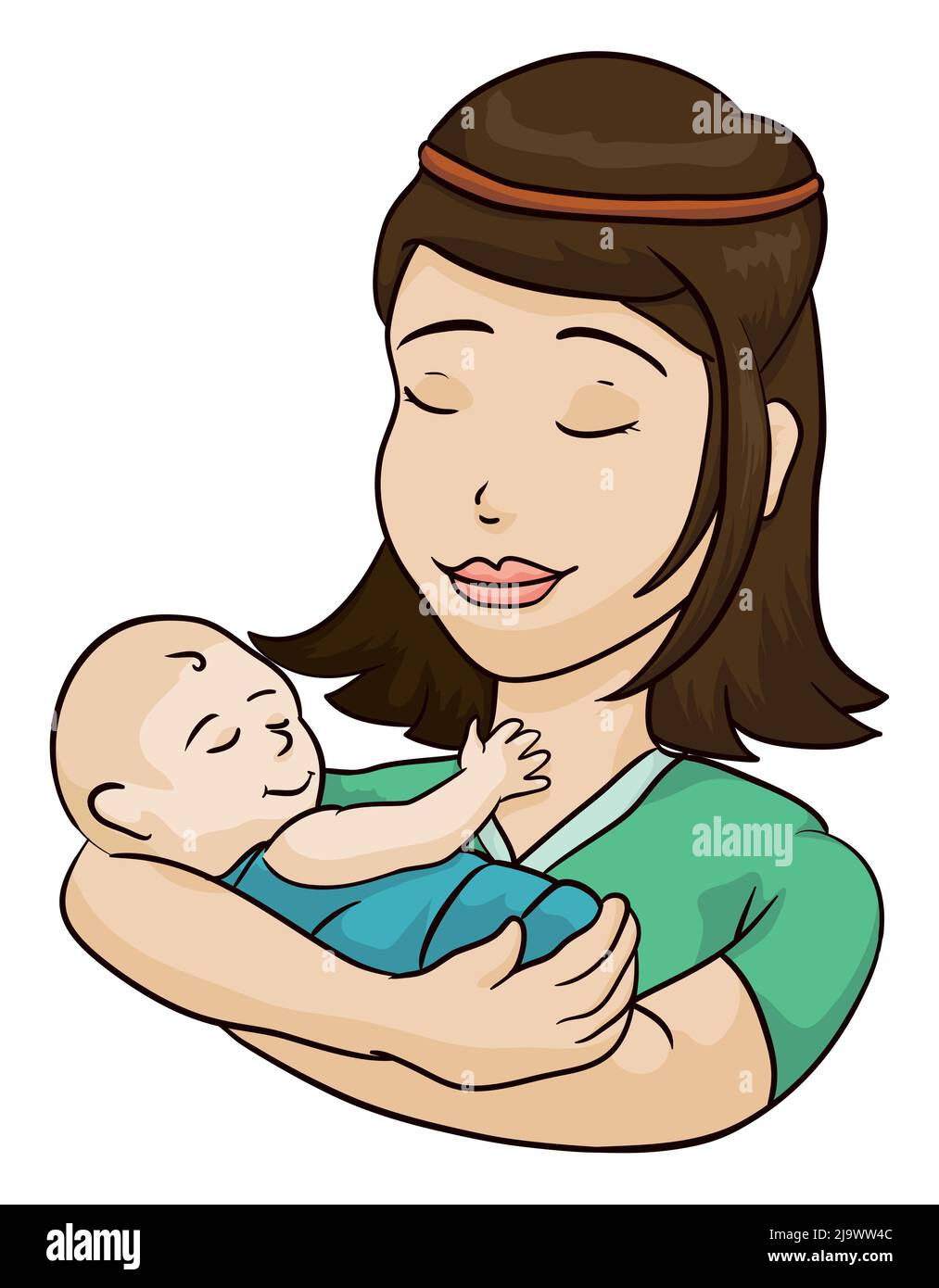 Mère mignonne et affective tenant son bébé dans les bras, les deux avec un geste serein. Illustration de style dessin animé, isolée sur fond blanc. Illustration de Vecteur