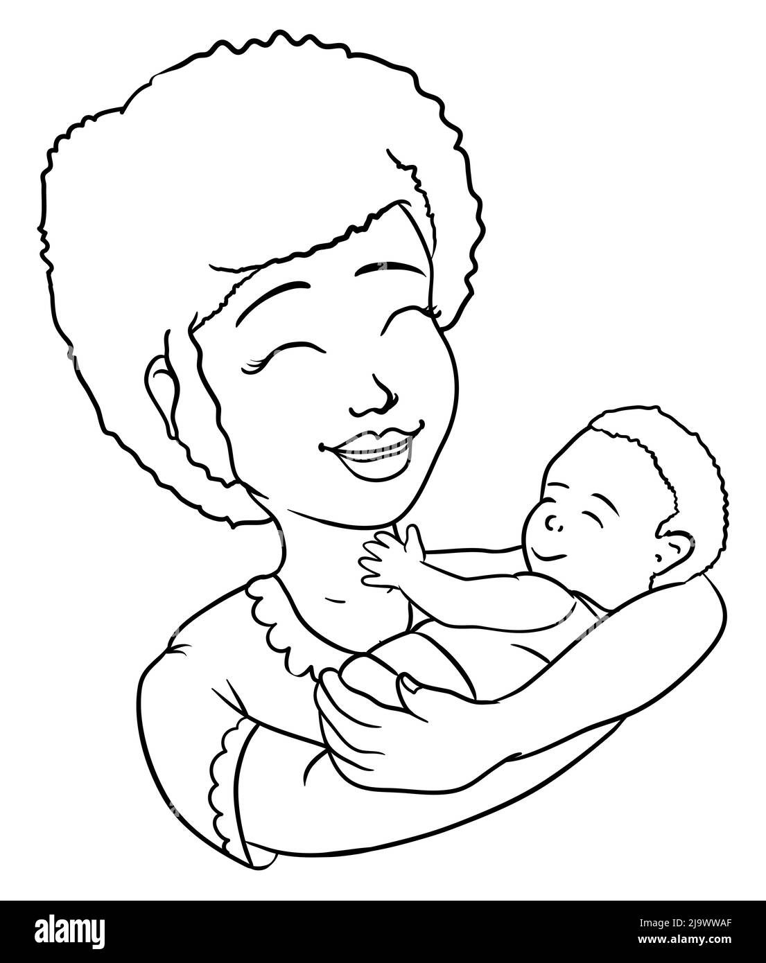 Dessiner dans les contours à colorier avec la belle mère ethnique, avec heureux geste portant son bébé. Illustration de Vecteur