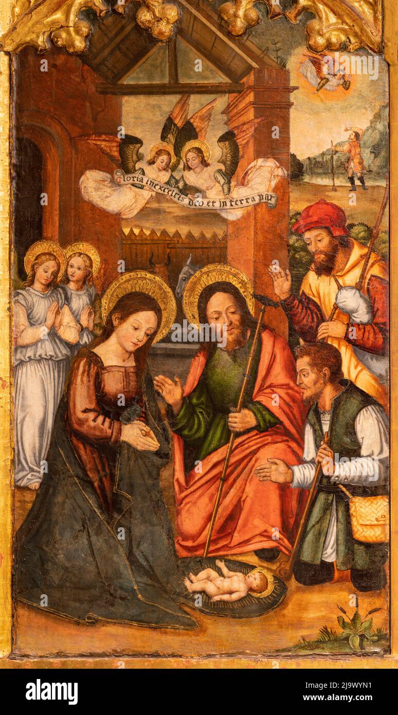 VALENCE, ESPAGNE - 14 FÉVRIER 2022 : la peinture de la Nativité dans la cathédrale par Vicente Macip à partir de fin 15. Cent. Banque D'Images