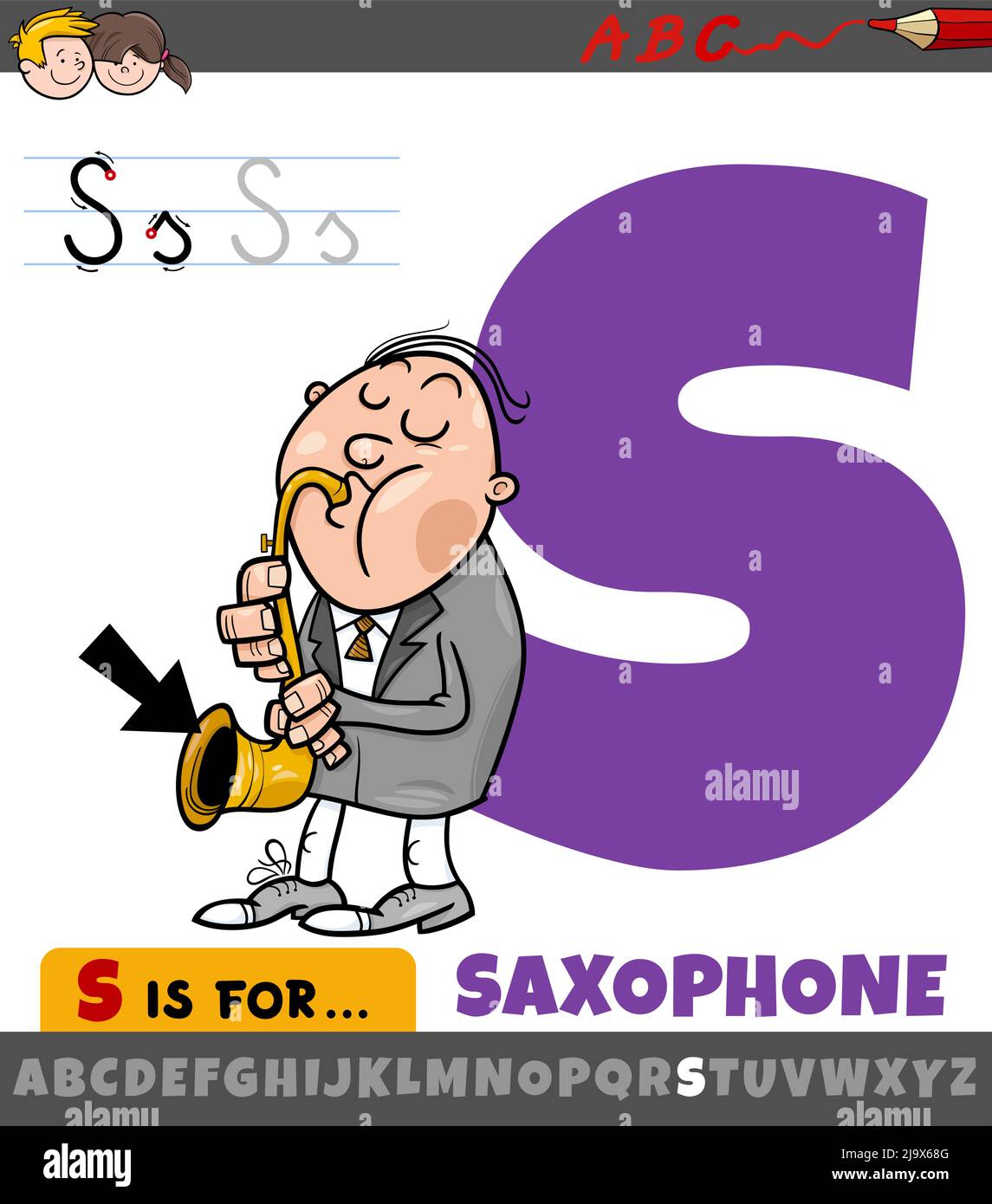 Dessin animé éducatif de la lettre S de l'alphabet avec instrument de musique saxophone Illustration de Vecteur