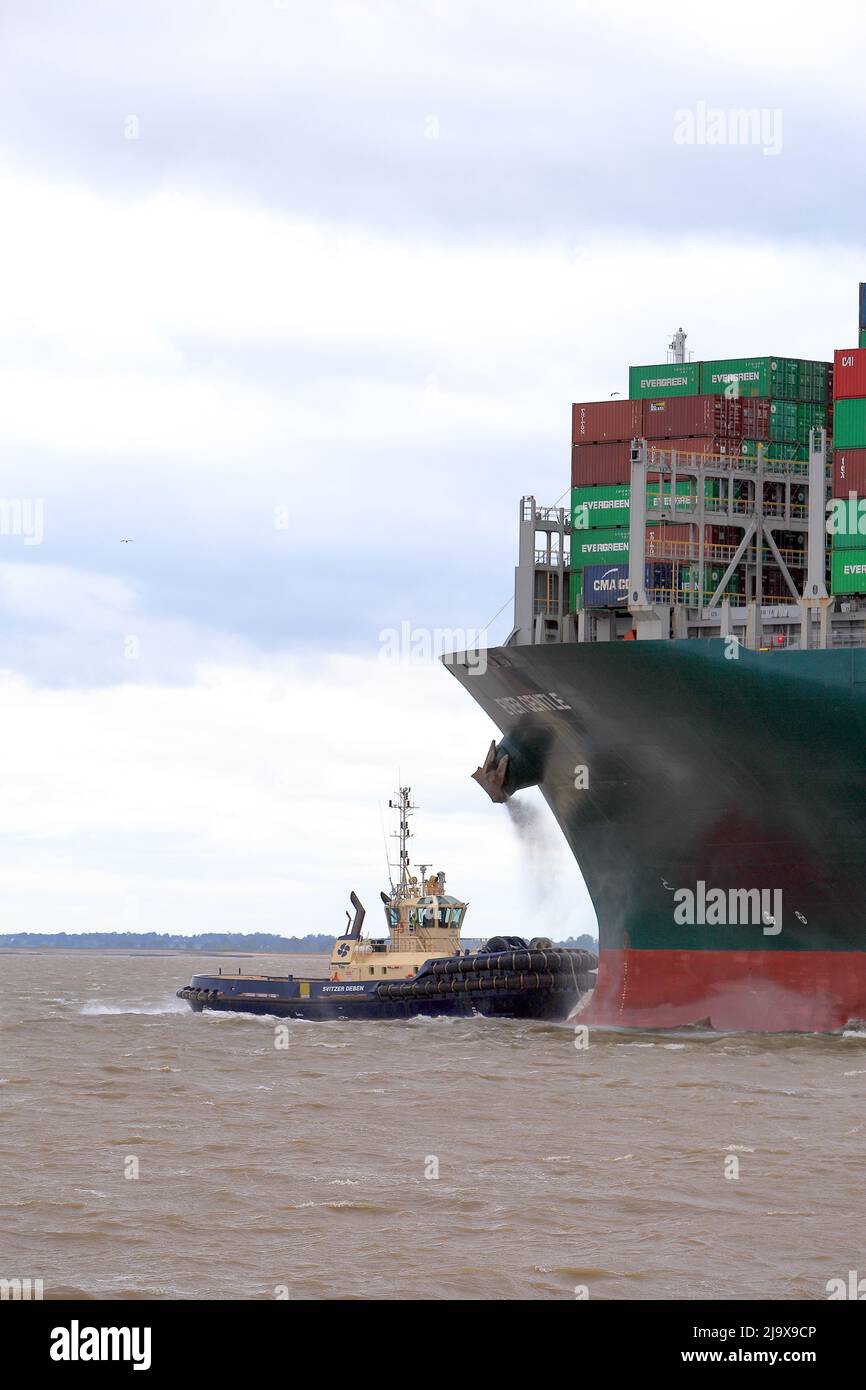 Remorqueur Svitzer Deben aidant le navire à conteneurs toujours doux pour quitter le port de Felixstowe dans des conditions météorologiques défavorables. Banque D'Images