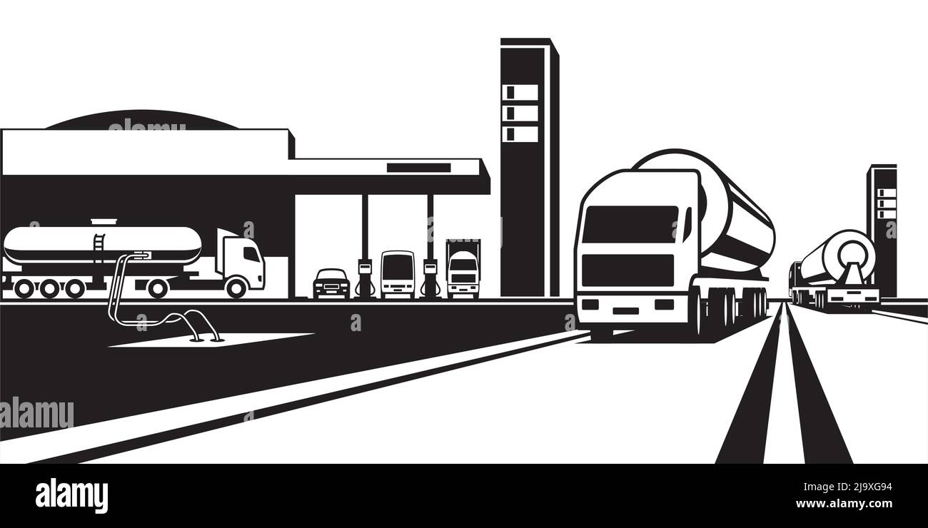 Camions-citernes transportant du carburant vers des stations-service - illustration vectorielle Illustration de Vecteur