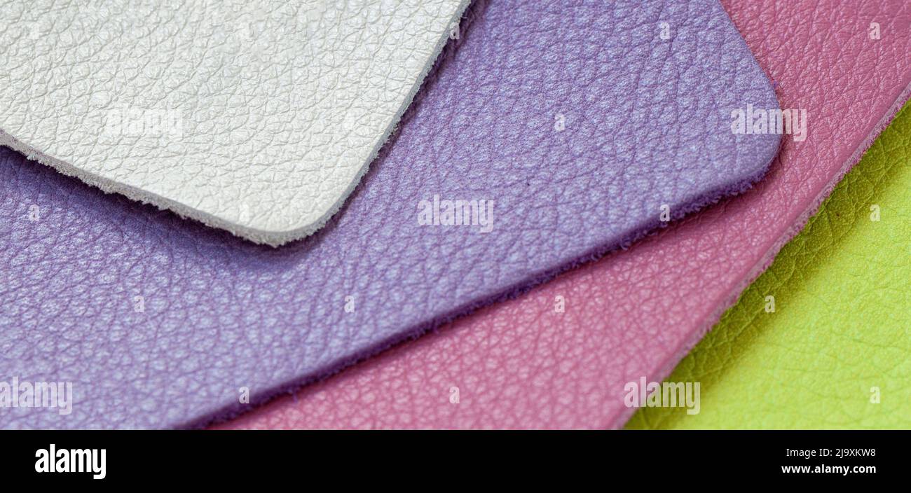 Échantillons de cuir gros plan, arrière-plan abstrait, texture. Shopping et industrie Banque D'Images