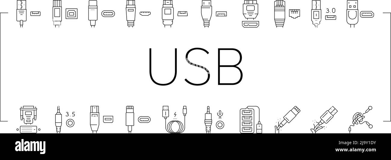 Câble USB et port achats Icons Set Vector Illustration de Vecteur