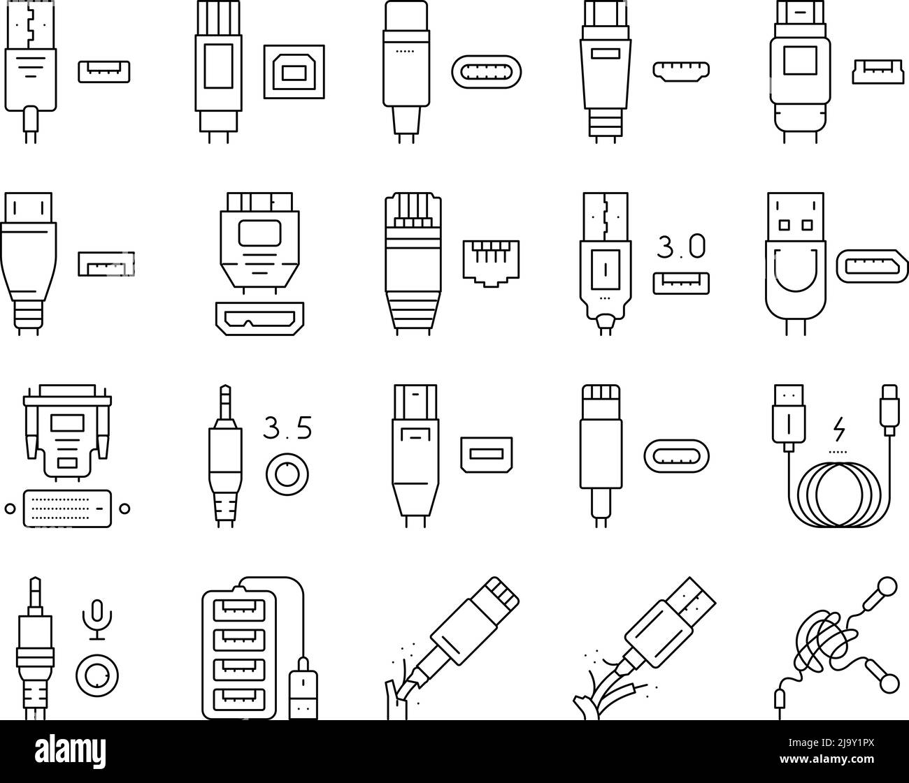 Câble USB et port achats Icons Set Vector Illustration de Vecteur