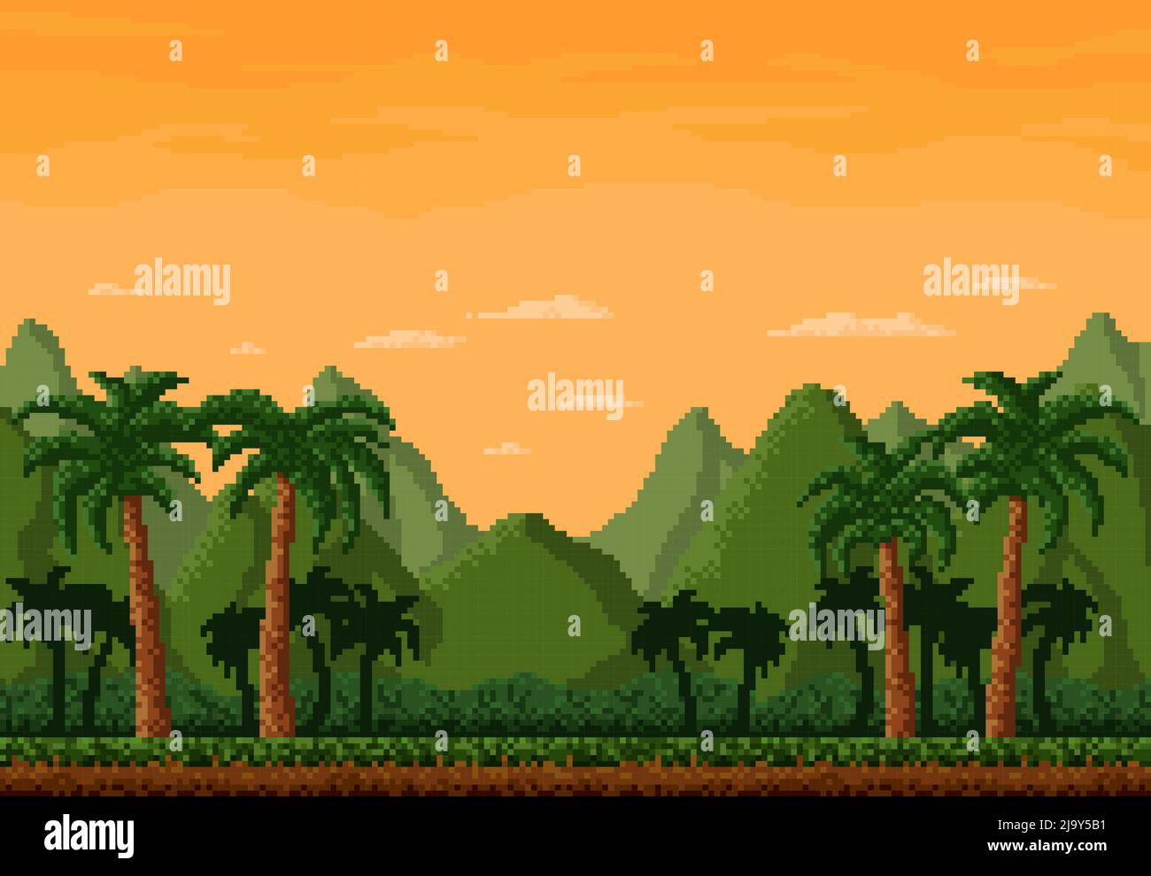 paysage de jungles de 8bit pixels, fond de niveau de jeu avec arbres et ...