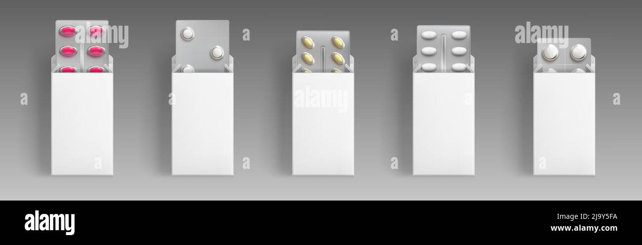 Plaquettes thermoformées contenant des médicaments dans des boîtes blanches ouvertes. Vector Realistic maquette de 3D paquets pharmaceutiques, comprimés ronds et ovales dans des emballages en carton vierge. Modèle d'emballage de médicaments Illustration de Vecteur