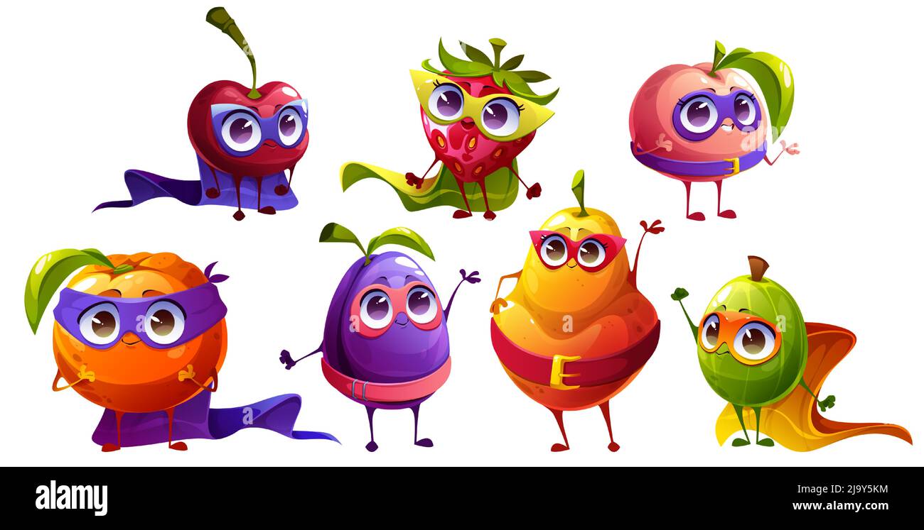 Fruits superhéros personnages de dessin animé, super héros personnages cerise, fraise, pêche, prune ou mandarin avec poire ou groseille porter cape et masque. Menu enfants amusant personnages Illustration vectorielle, ensemble Illustration de Vecteur