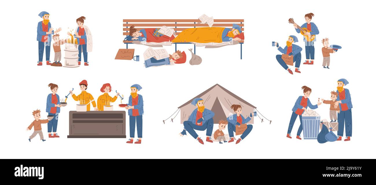 Mendiants de la famille, les sans-abri vivent dans la rue de la ville. Concept de pauvreté, aide caritative aux réfugiés, hobo. Illustration vectorielle plate de volontaires servant de la nourriture pour l'homme, la femme et le garçon nécessiteux Illustration de Vecteur