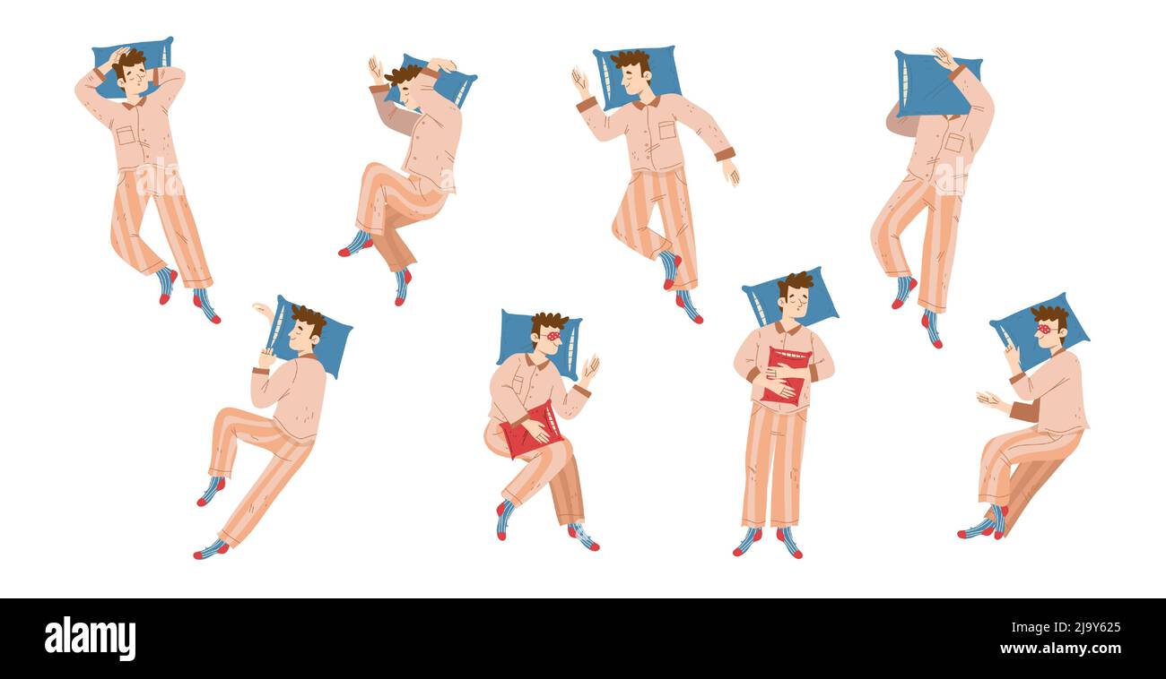 Homme dormant dans différentes poses vue du dessus. Illustration vectorielle de type Sleepers dans la pyjama et le masque se détendre dans différentes positions sur le lit avec des oreillers et une couverture Illustration de Vecteur