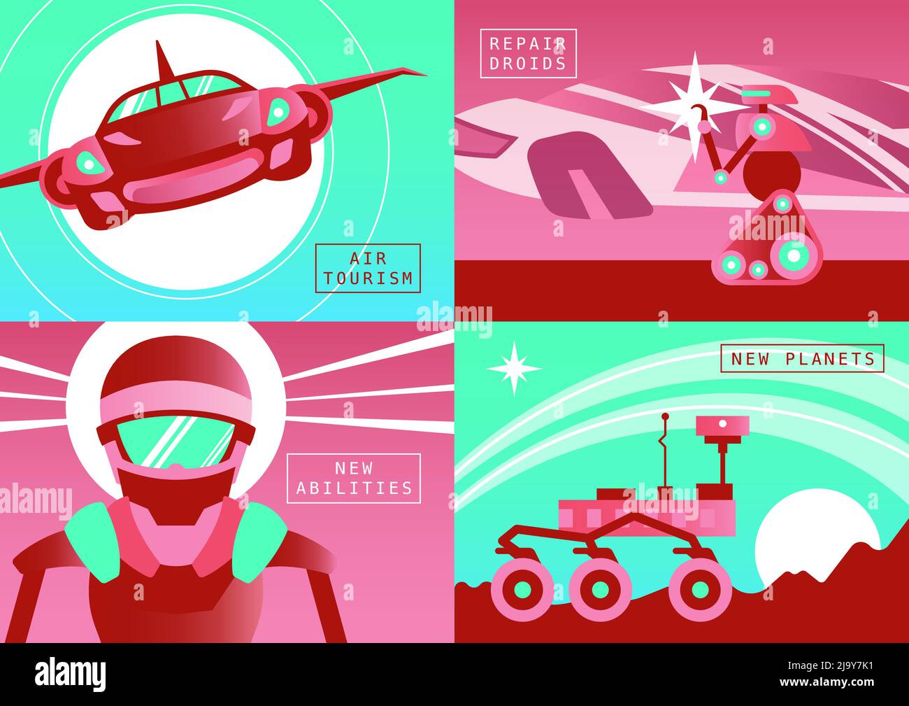 Technologies futures 2 x 2 concept ensemble de droïdes de réparation de tourisme d'air planète rover compositions plates illustration vectorielle Illustration de Vecteur