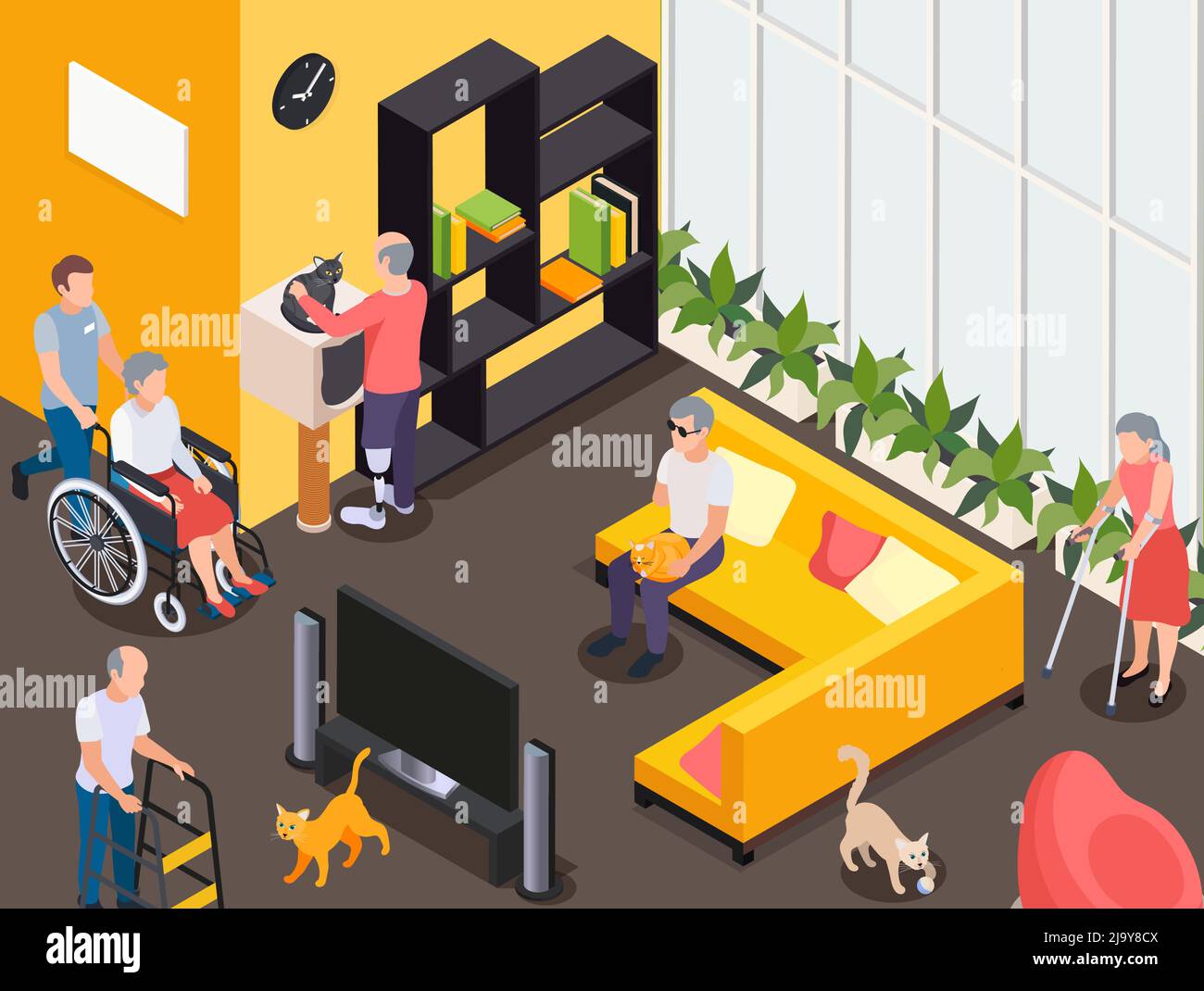 Hommes et femmes handicapés regardant la télévision au repos des chats à la maison de soins infirmiers 3D illustration vectorielle isométrique Illustration de Vecteur