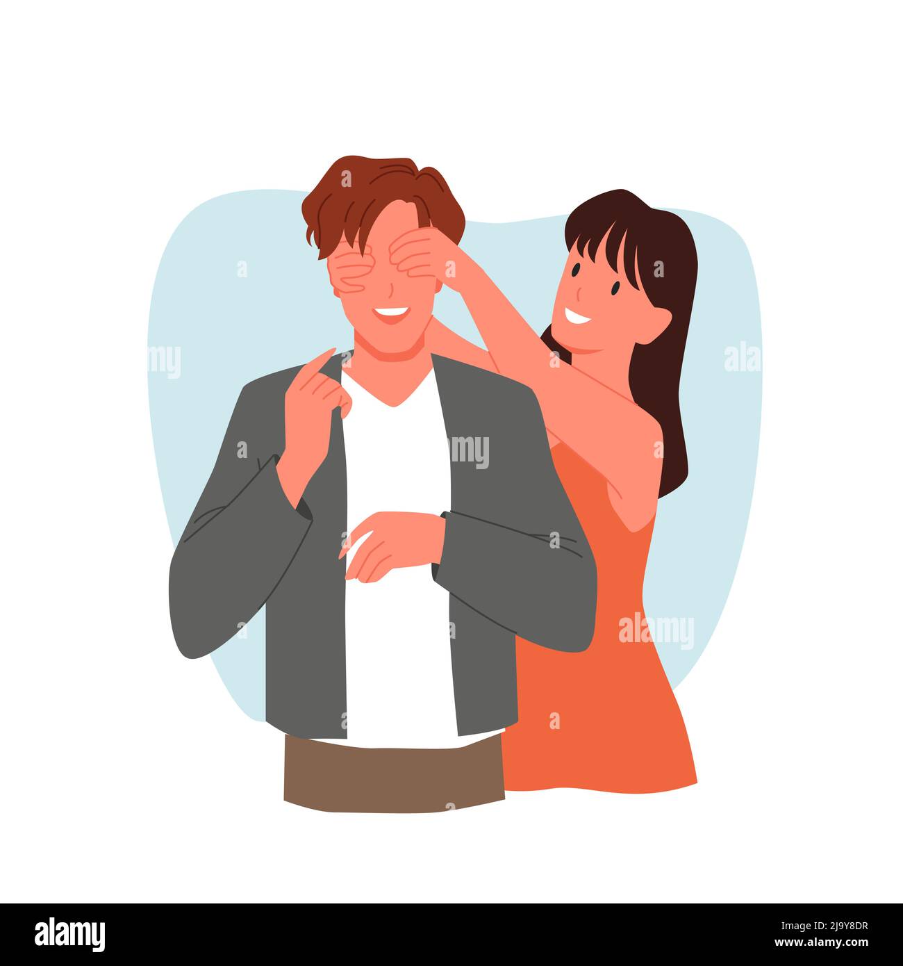 Rencontre romantique surprise de deux personnes heureuses, femme fermant les yeux de l'homme surpris Illustration de Vecteur