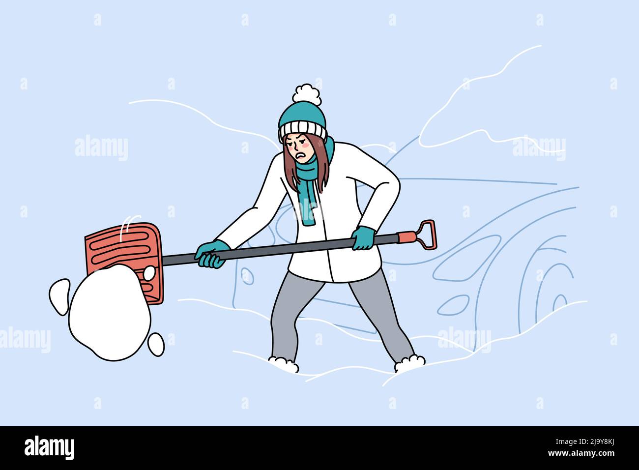 Malheureux femme fatiguée avec une pelle creuser hors de la voiture de la neige le matin d'hiver. Une femme folle automobile propre recouverte de neige après un blizzard. Conditions météorologiques orageux. Illustration vectorielle. Illustration de Vecteur