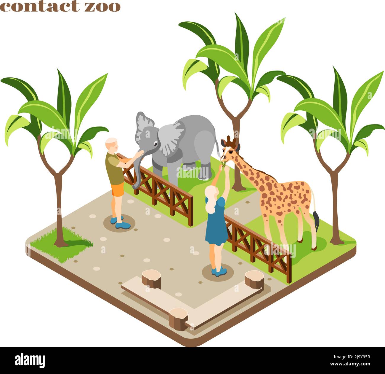 Composition de zoo de contact coloré et isométrique avec le personnel nourrir l'éléphant et la girafe illustration vectorielle Illustration de Vecteur