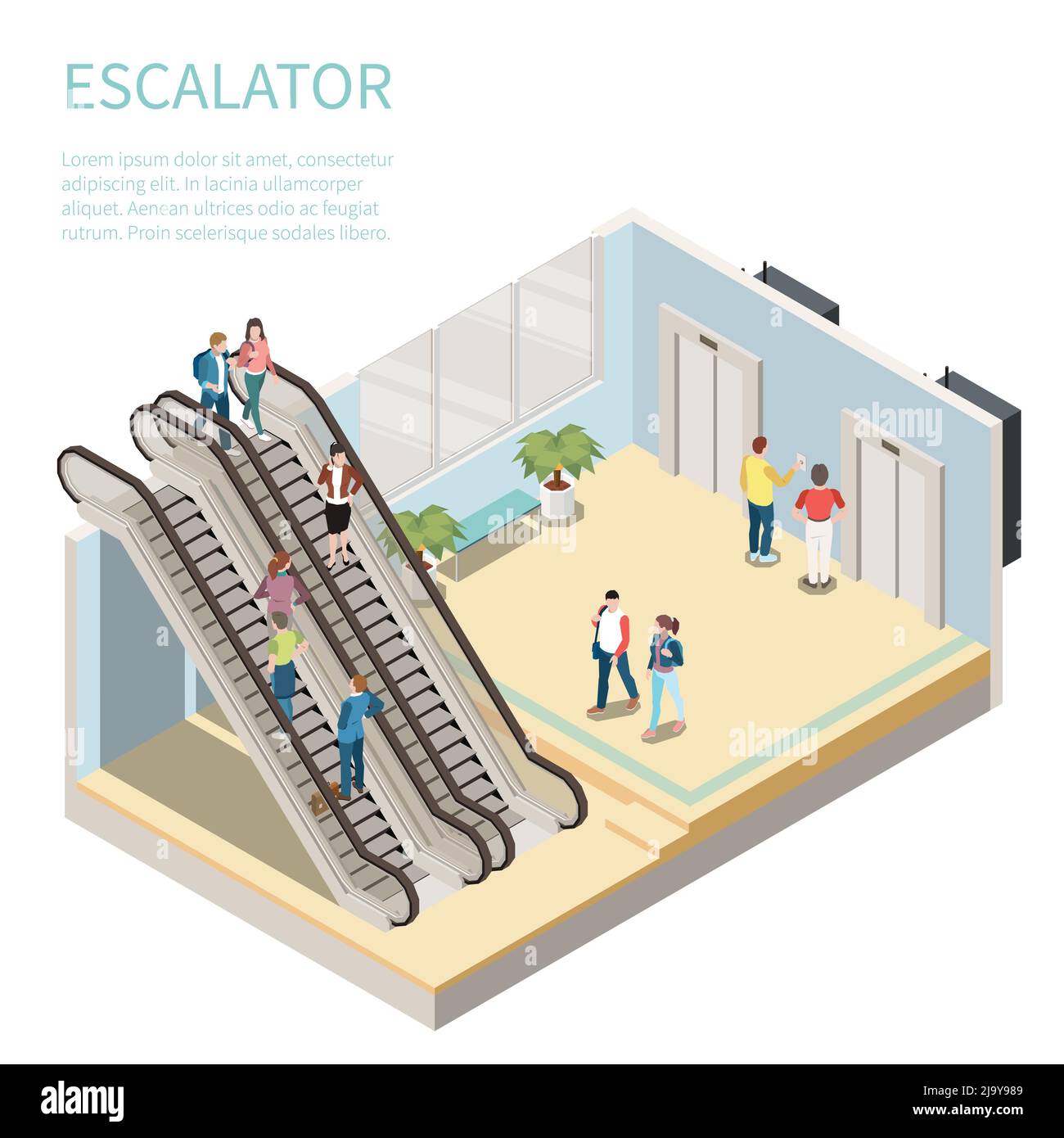 Composition isométrique avec des personnes utilisant l'escalier roulant et attendant l'illustration vectorielle 3d de l'ascenseur Illustration de Vecteur