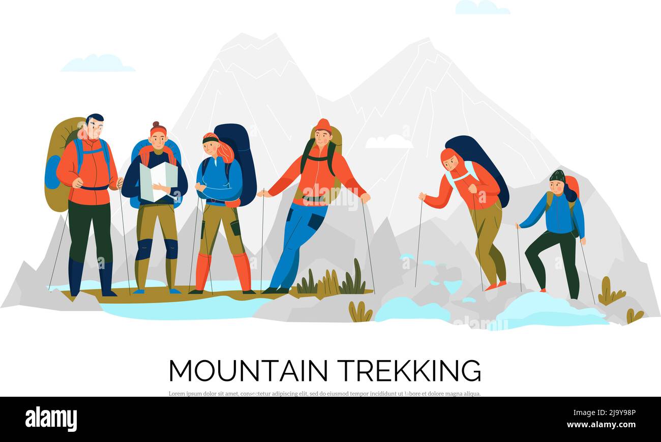 Randonnées randonnées pédestres composition plate avec alpinistes en harnais avec équipement d'escalade sommets de montagne sur l'illustration vectorielle de fond Illustration de Vecteur