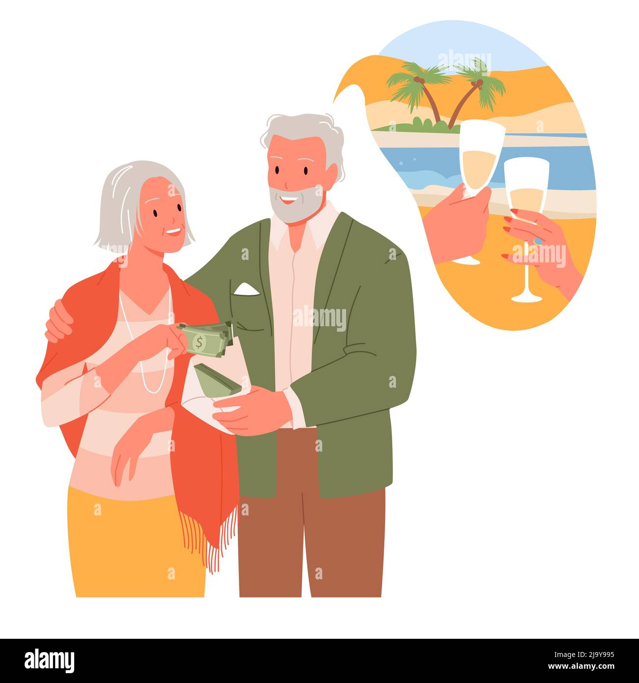 Un couple de personnes âgées économisant de l'argent pour les vacances Illustration de Vecteur