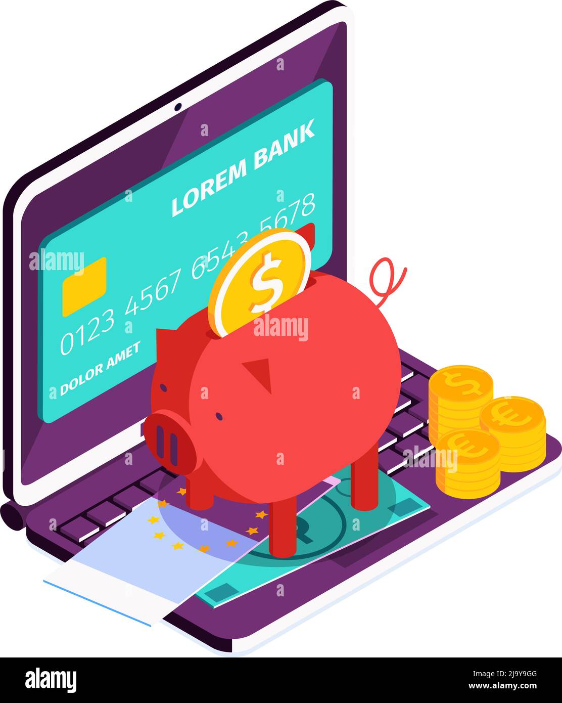 Composition isométrique de banque mobile en ligne avec des icônes d'économie d'ordinateur portable et de modes de paiement illustration vectorielle Illustration de Vecteur