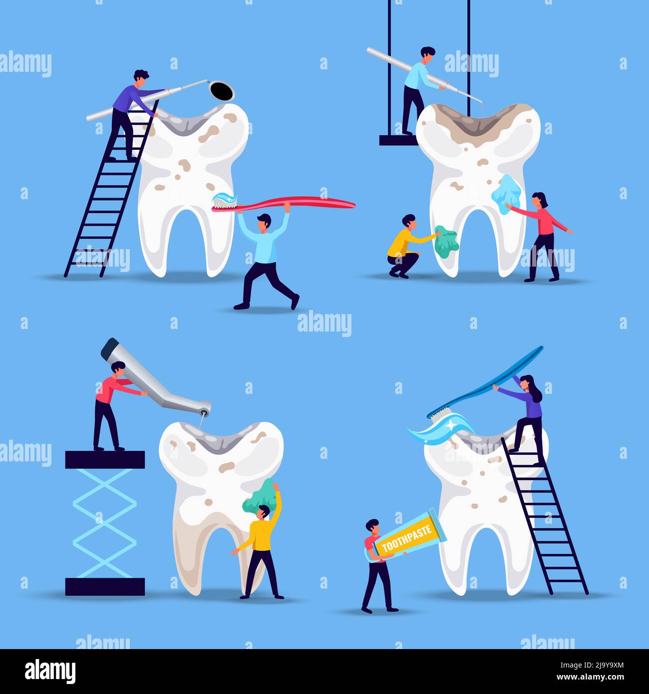 Problèmes dentaires traitement de prévention 4 compositions drôles plates avec de minuscules personnes se brossant de dents énormes fond bleu illustration vectorielle Illustration de Vecteur