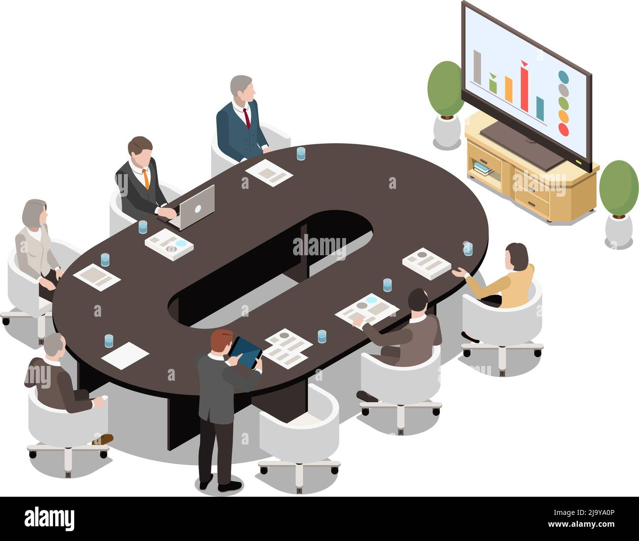 Les hommes d'affaires assis sur un bureau ovale regardent la présentation de l'écran lcd dans la salle de réunion. illustration vectorielle isométrique 3d Illustration de Vecteur