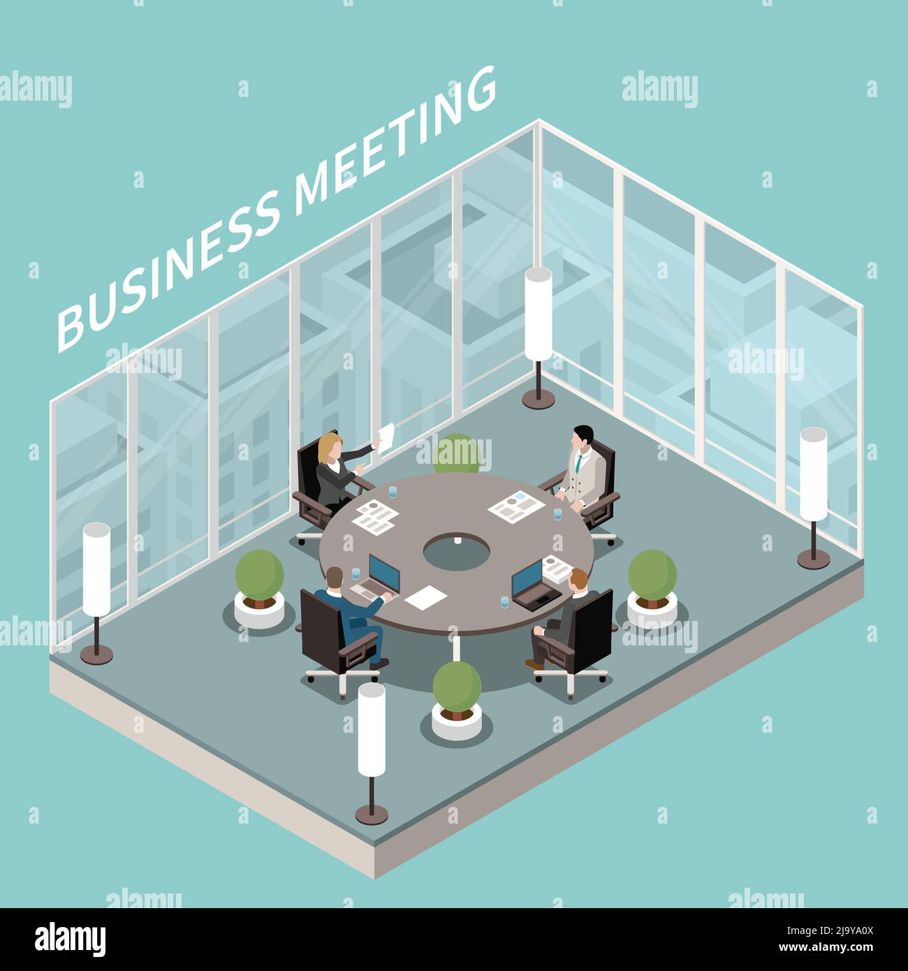 Bureau d'affaires de l'entreprise salle de réunion intérieur composition isométrique avec table de réunion ronde discussion murs en verre illustration vectorielle Illustration de Vecteur
