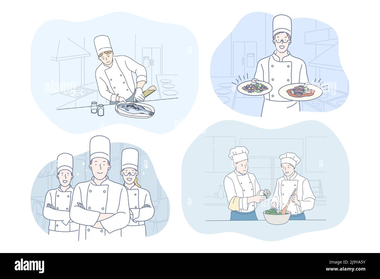 Cuisine, chef, restaurant, recette, concept alimentaire. Jeunes gens positifs hommes et femmes cuisiniers professionnels en tabliers cuisant divers plats et repas dans les restaurants. Menu gastronomique, délicieux et savoureux Illustration de Vecteur