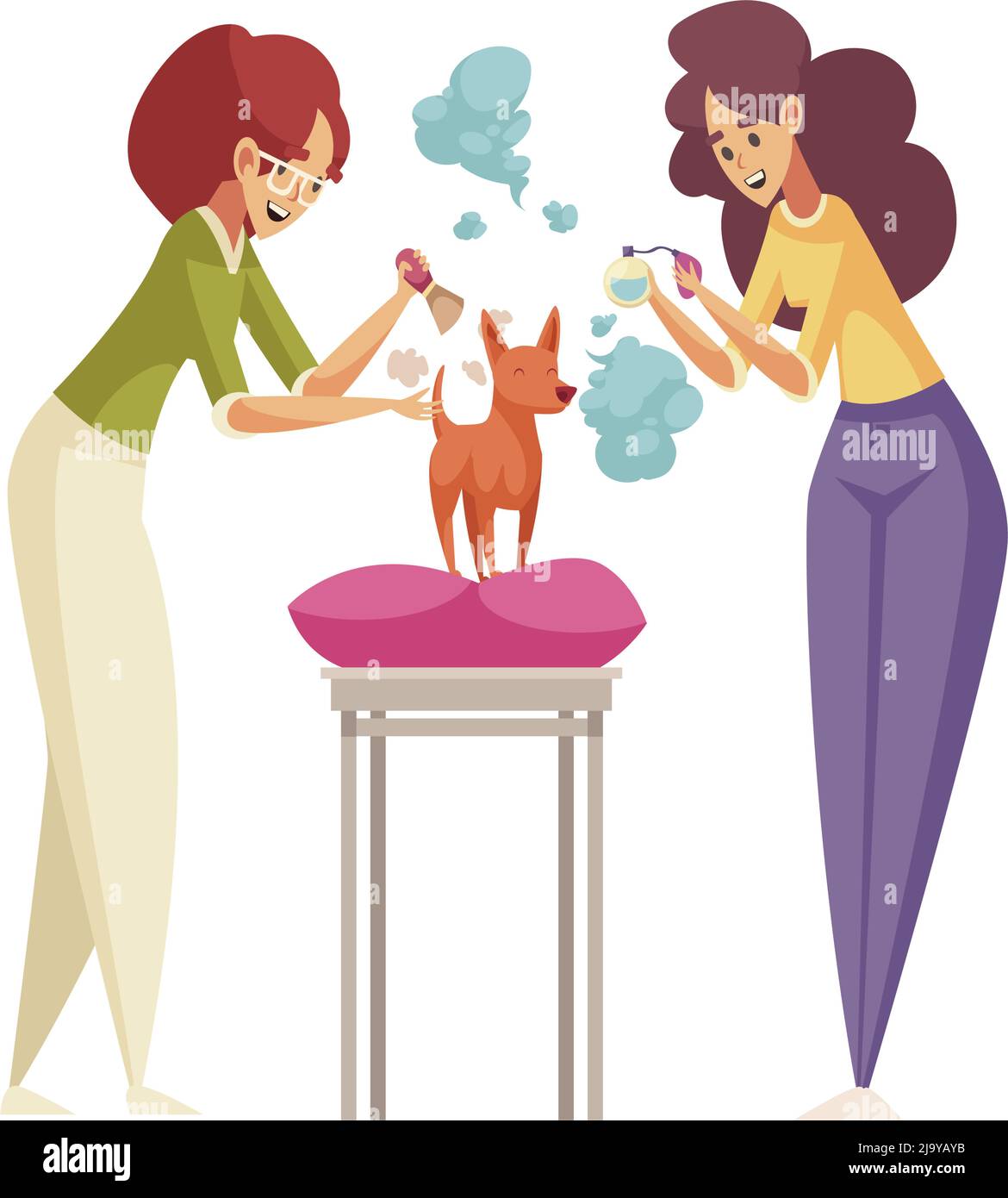 Graming plat icône avec deux femmes sentant petit chien avec illustration de vecteur de parfum Illustration de Vecteur