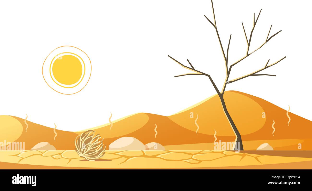 Composition de dessin animé de catastrophe naturelle avec paysage extérieur avec arbre sec et illustration de vecteur de sable chaud Illustration de Vecteur