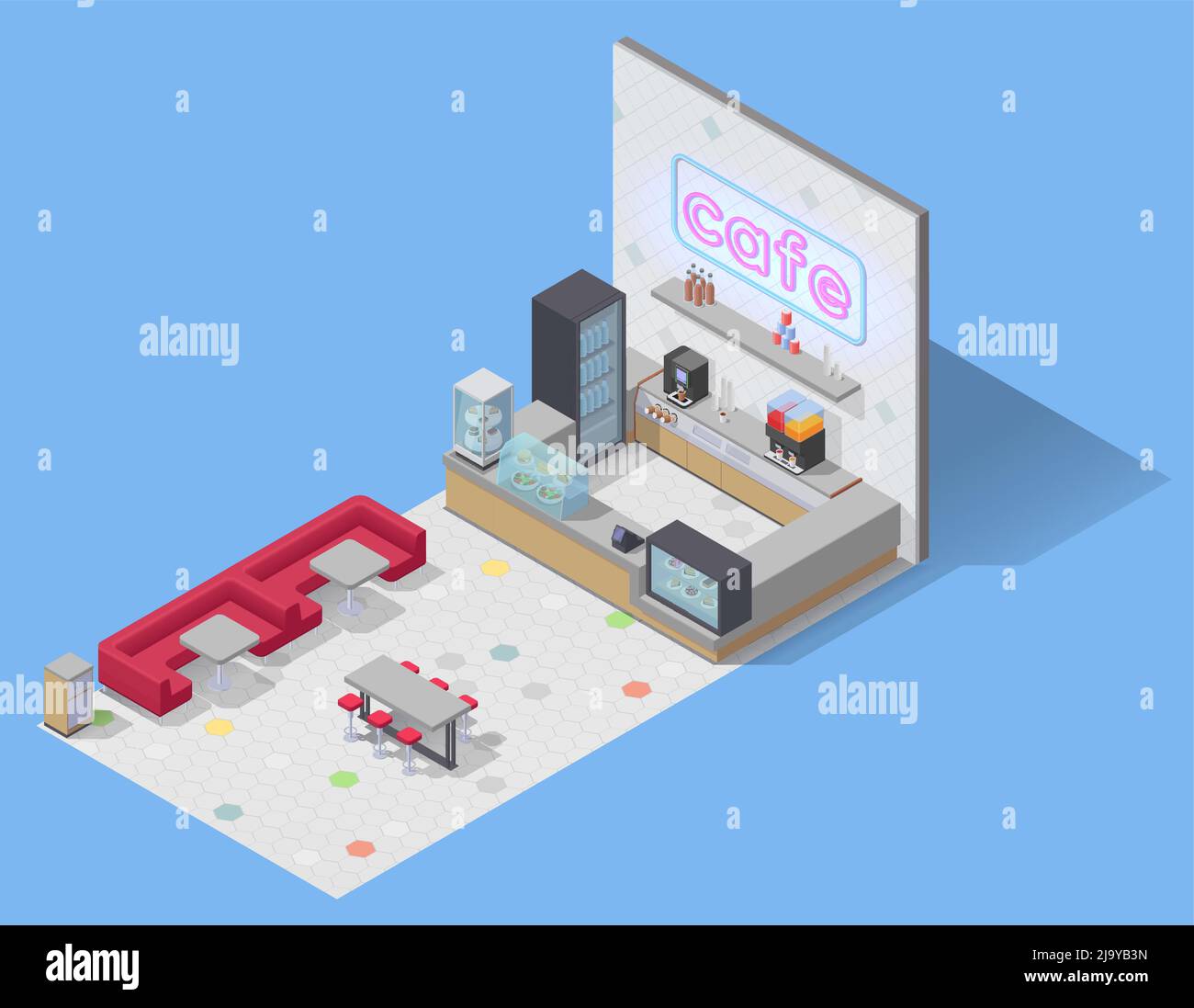 Composition isométrique de l'aire de restauration avec vue sur un café vide avec tables de canapés et illustration vectorielle de comptoir de bar Illustration de Vecteur