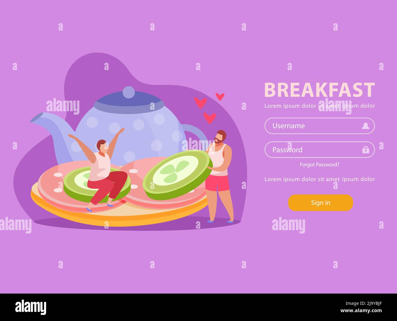 Personnes avec petit déjeuner plat page d'atterrissage deux personnes sur Sandvich et illustration du vecteur d'interface de compte personnel Illustration de Vecteur