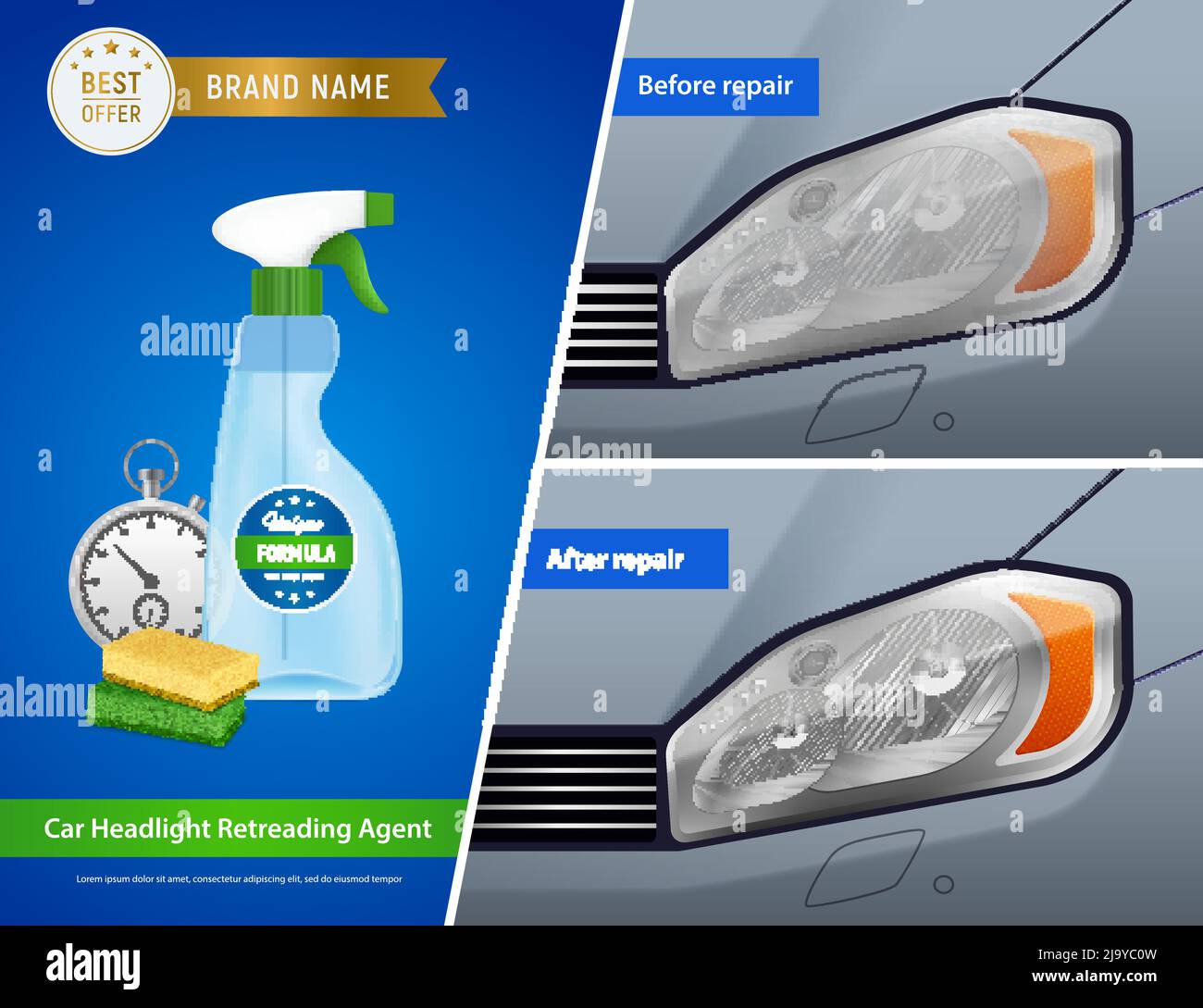 Kit de restauration de phare de voiture annonce 3 compositions réalistes avec agent de nettoyage éponges de pulvérisation avant après illustration vectorielle Illustration de Vecteur
