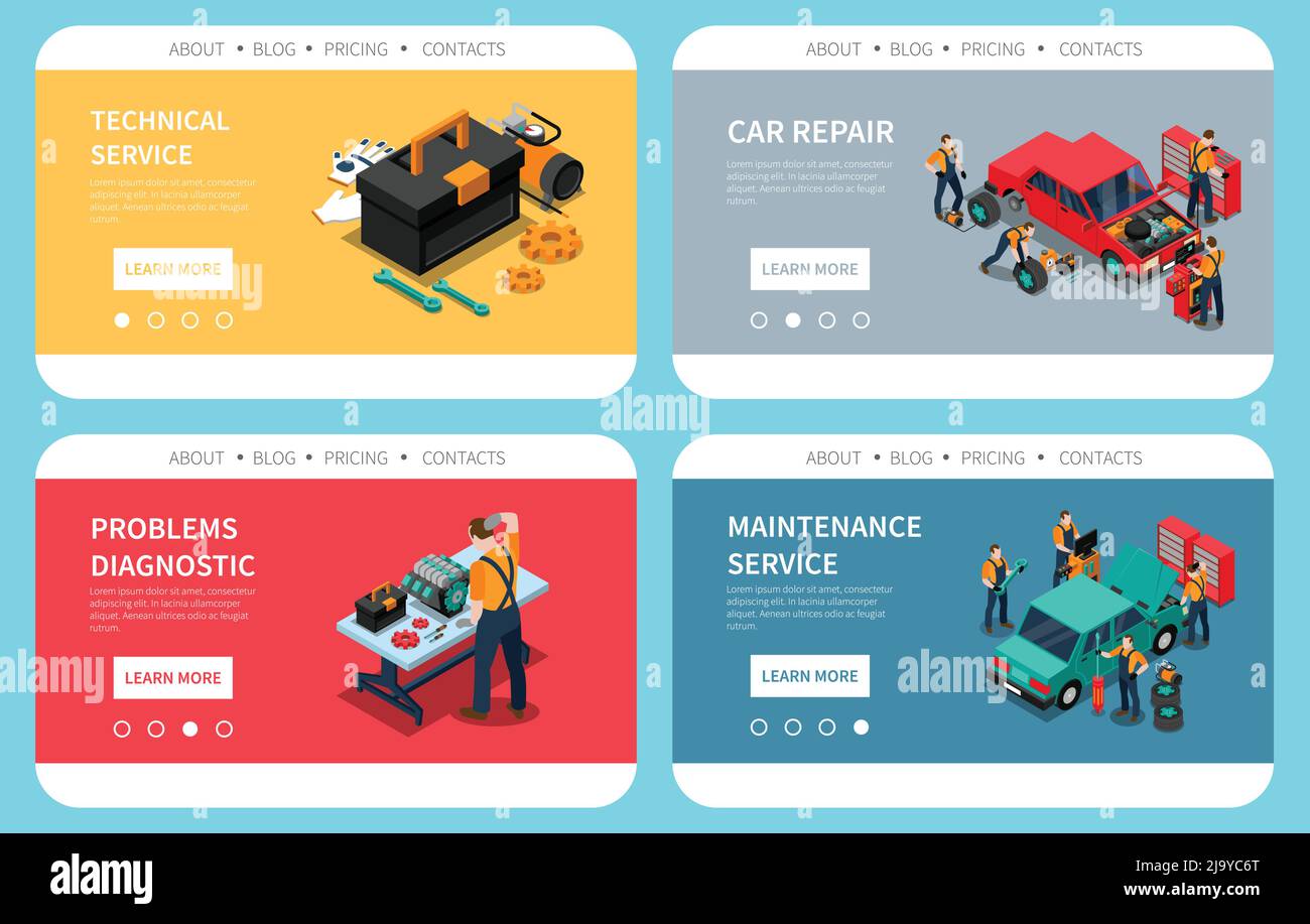 Réparation automobile problème d'entretien diagnostic pièces de rechange service technique 4 illustration vectorielle de conception de site web de compositions isométriques colorées Illustration de Vecteur