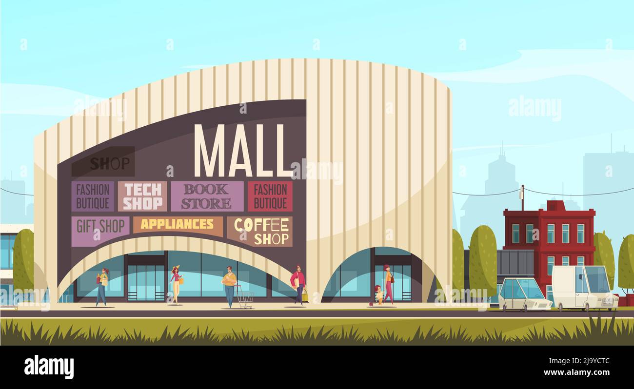 Centre commercial à l'extérieur du bâtiment de centre commercial de composition avec des étiquettes et des titres de magasins sur l'illustration de vecteur de mur Illustration de Vecteur