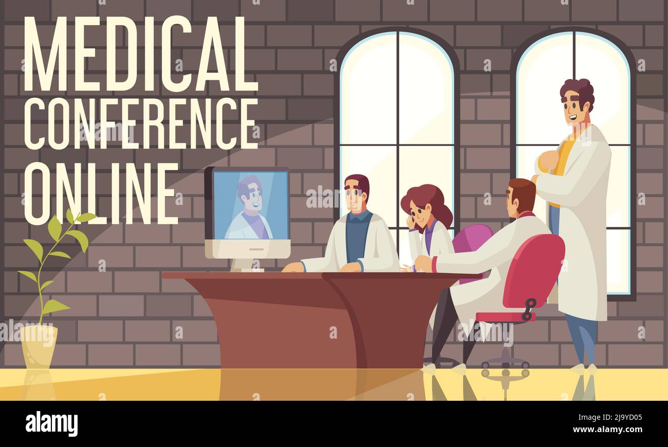 Composition de conférences médicales en ligne avec des médecins au bureau lors d'une conférence en ligne via l'illustration de vecteur informatique Illustration de Vecteur