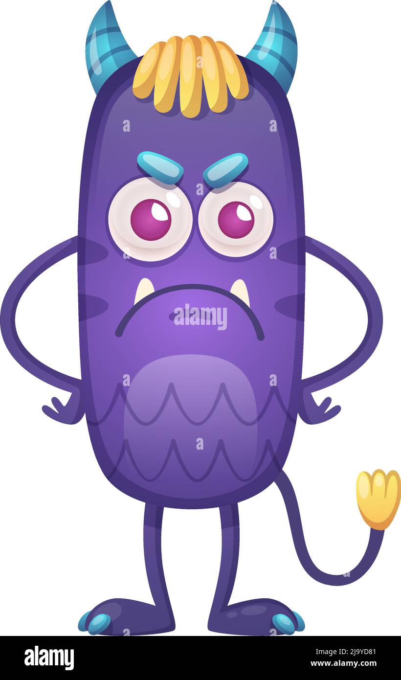 Mignon diable violet en colère avec petites cornes et dessin animé de queue Illustration de Vecteur