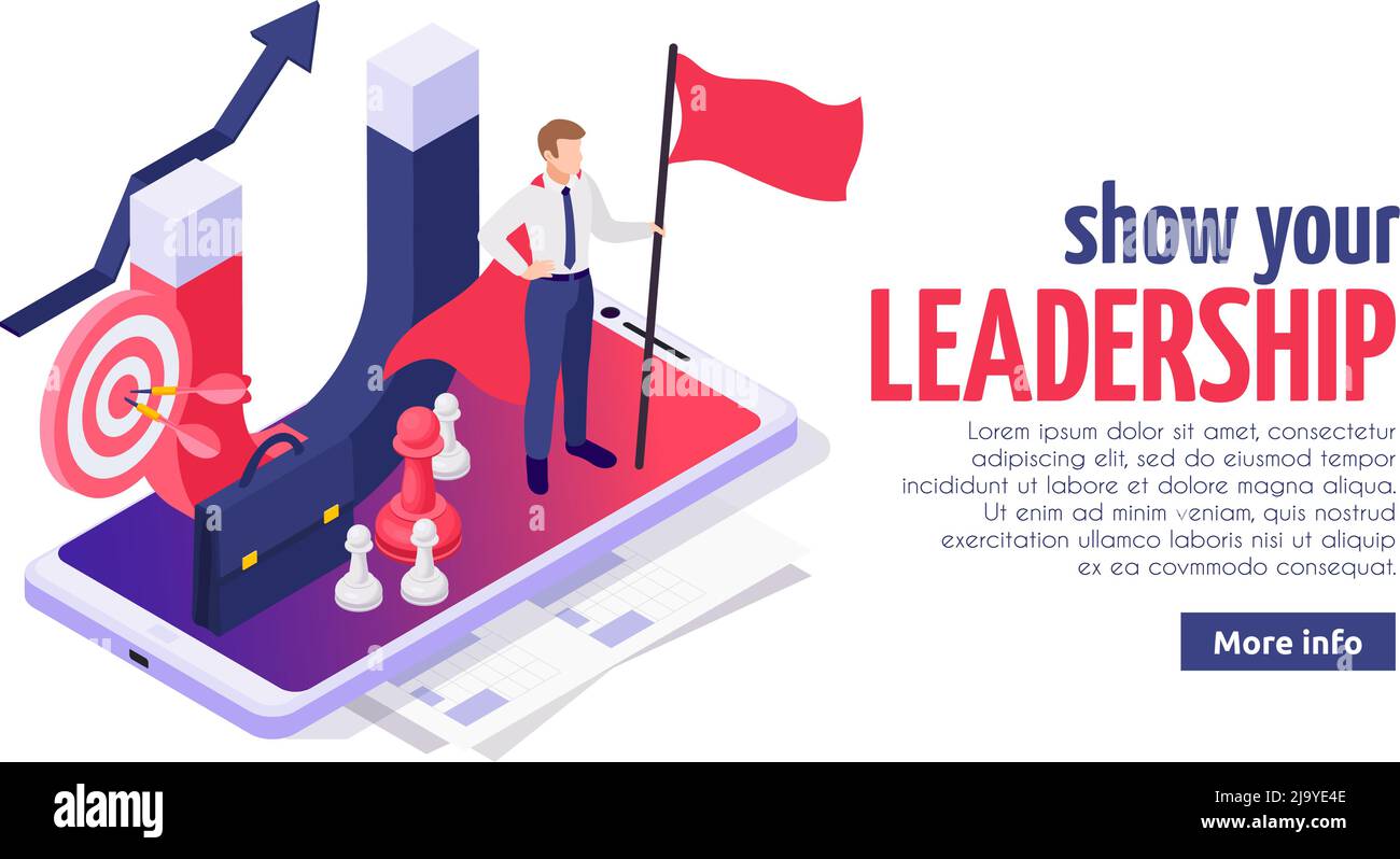 Leadership efficace soft skills concept conception isométrique de page Web avec homme d'affaires réussi sur l'illustration vectorielle d'écran de smartphone Illustration de Vecteur