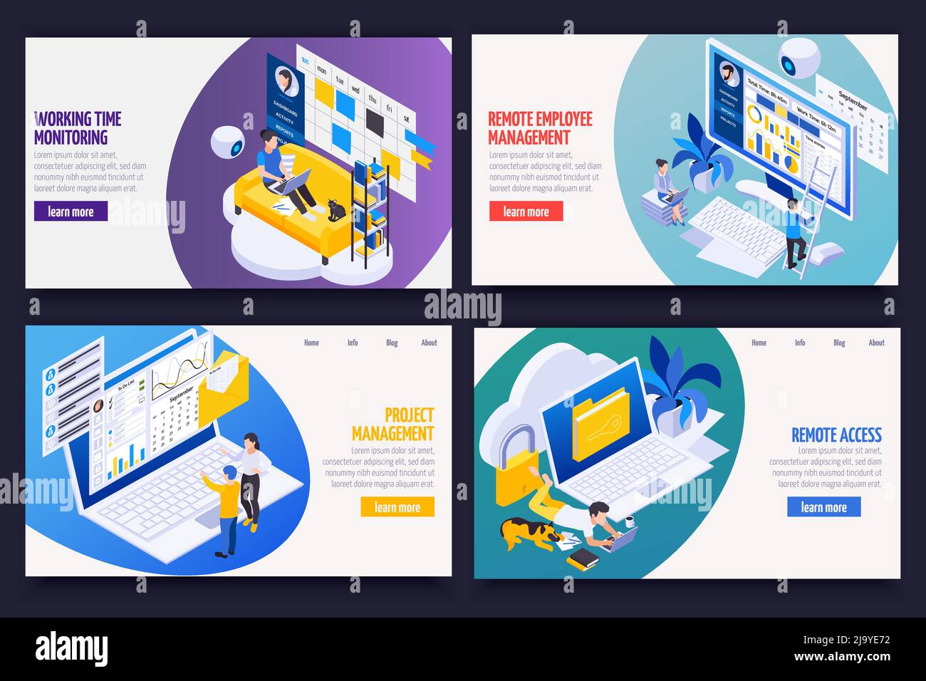 Concept de gestion du travail à distance 4 bannières isométriques avec suivi des projets accès aux données employés illustration du vecteur de contrôle de la productivité Illustration de Vecteur