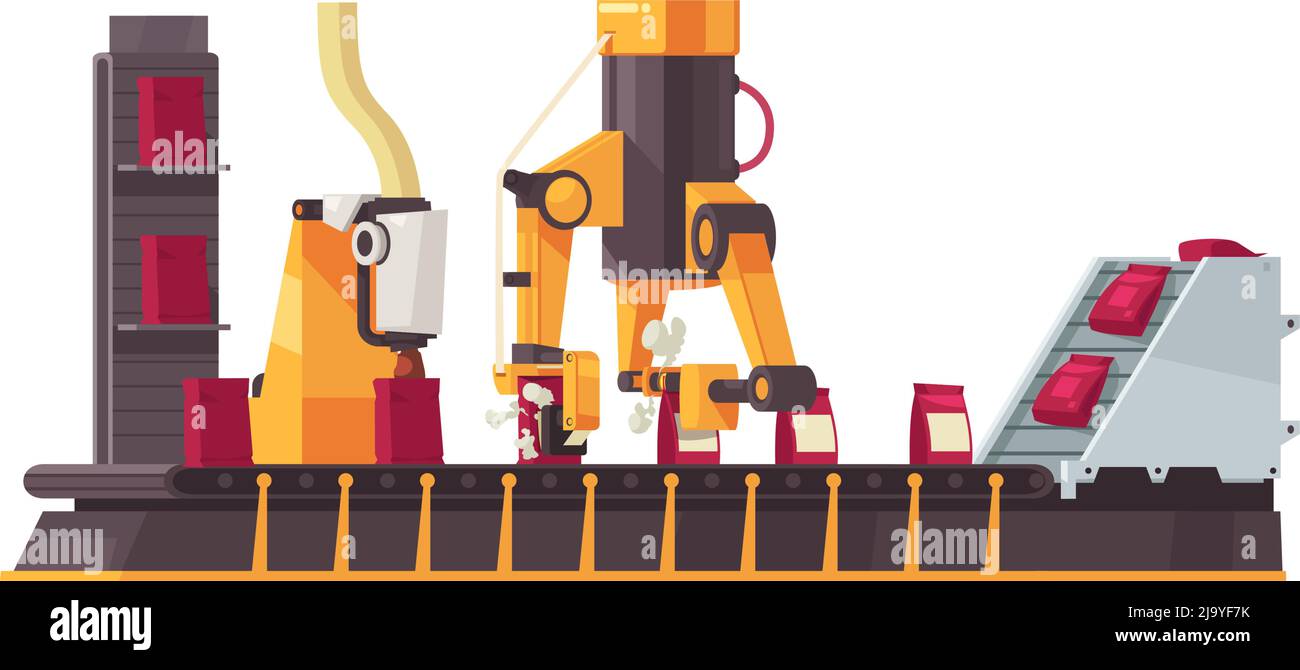 Icône de dessin animé avec bras robotisés automatisés emballant des marchandises sur l'illustration de vecteur de convoyeur en mouvement Illustration de Vecteur