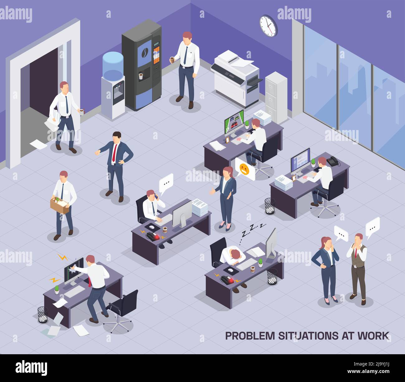 Situations problématiques au travail composition isométrique colorée avec illustration vectorielle d'espace ouvert et de processus de travail Illustration de Vecteur