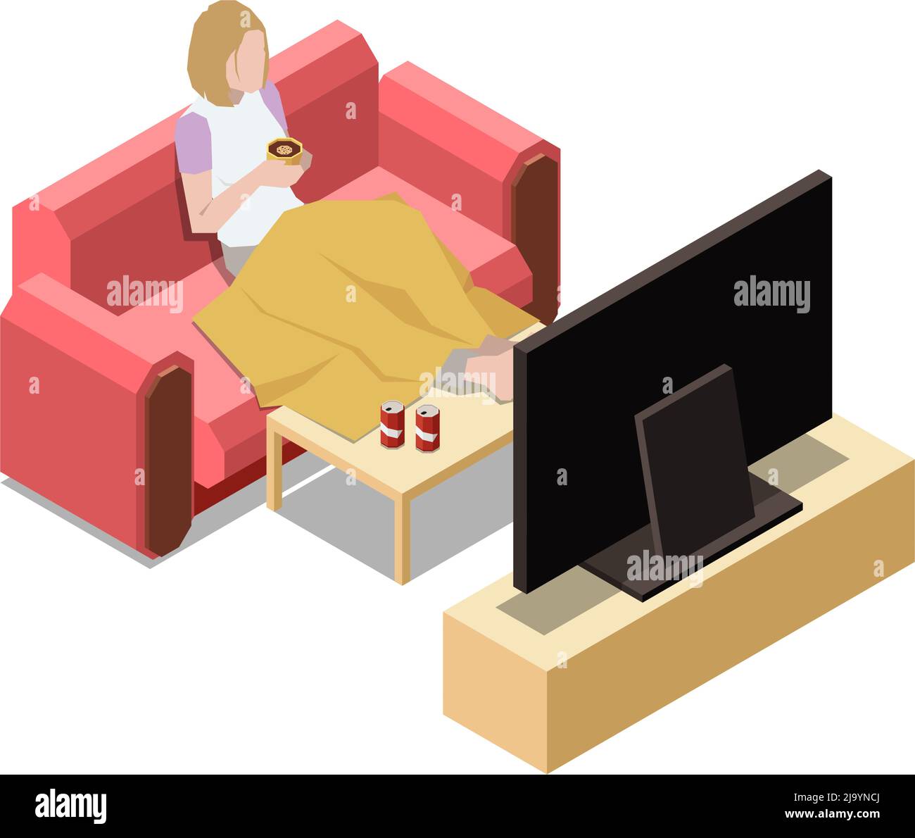 Restez à la maison composition isométrique avec une femme assise sur un canapé regardant l'illustration vectorielle de tv Illustration de Vecteur