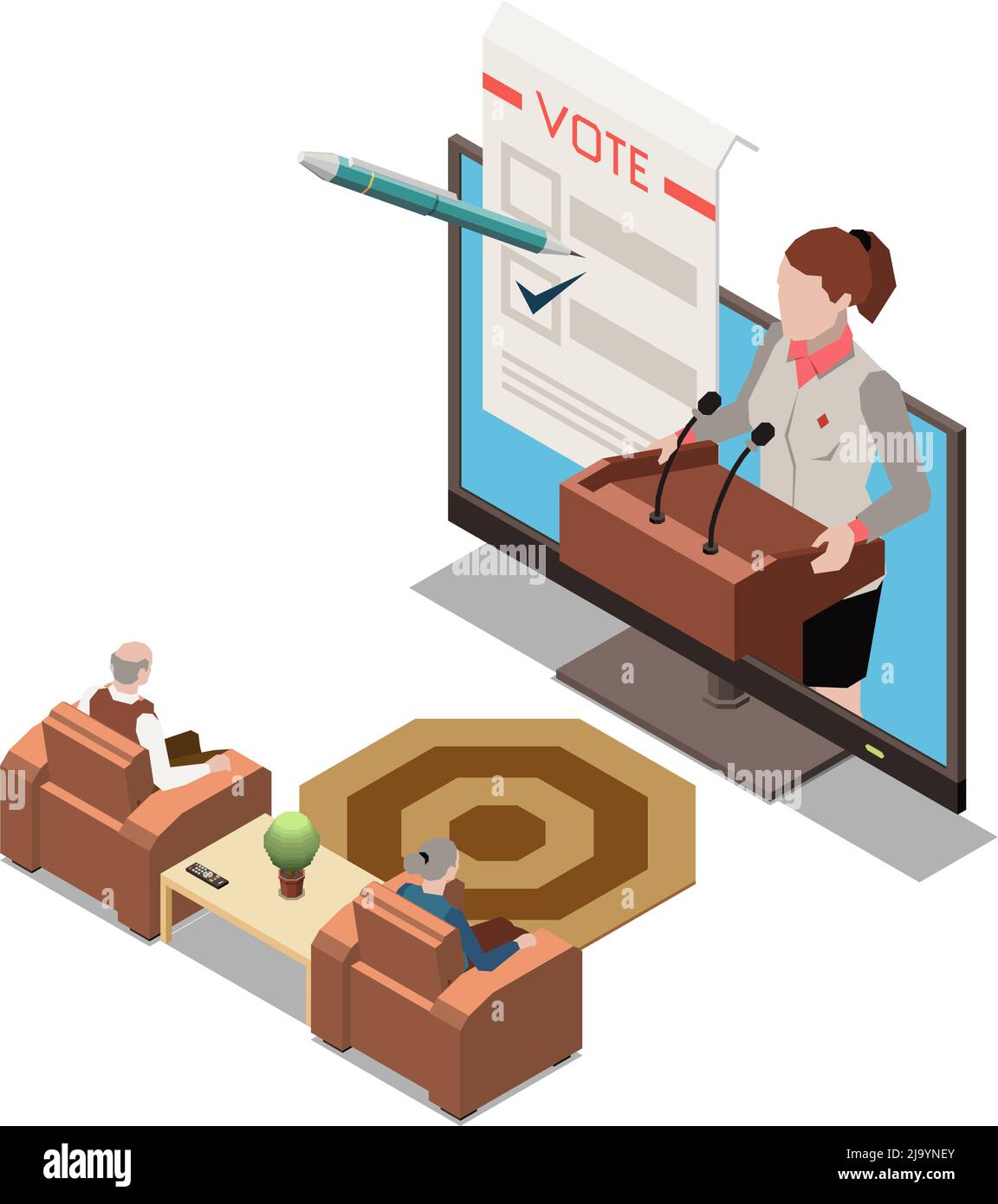 Présentation en ligne composition de travail à distance avec homme politique à Tribune sur l'écran de tv avec observateur illustration vectorielle Illustration de Vecteur